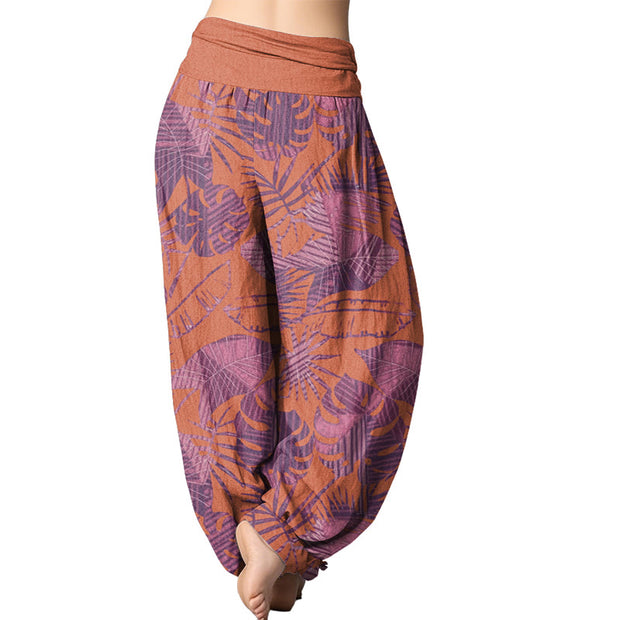 Buddha Stones Leaves Pattern Women's Elastic Waist Harem Pants Women's Harem Pants BS 5