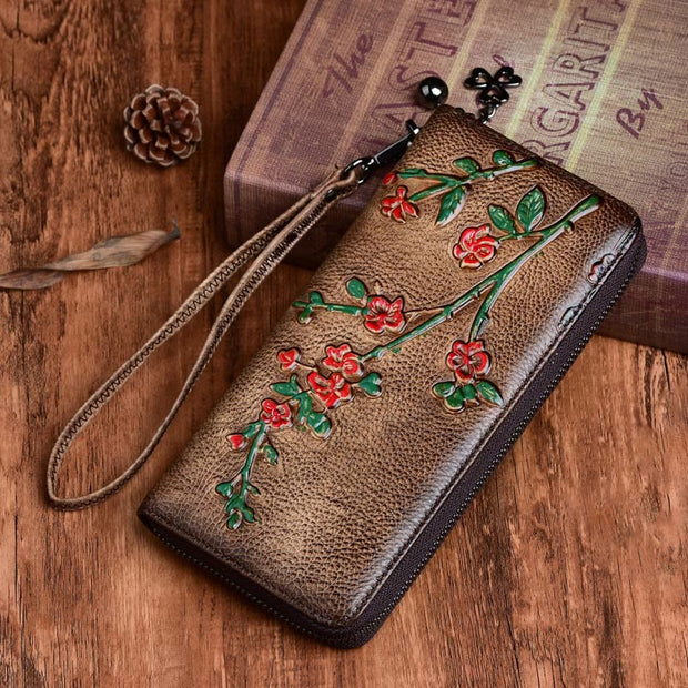 Buddha Stones Retro Plum Blossom Printed Leather Bag Journey Shopping Purse Handbag Wallet&Handbags BS Retro Brown (Plum Blossom) 19.5*2.5*9.5cm