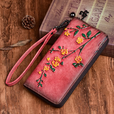 Buddha Stones Retro Plum Blossom Printed Leather Bag Journey Shopping Purse Handbag Wallet&Handbags BS Retro Red (Plum Blossom) 19.5*2.5*9.5cm