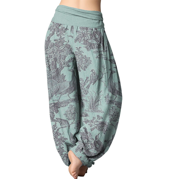 Buddha Stones Birds Trees Branches Pattern Women's Elastic Waist Harem Pants Women's Harem Pants BS 5