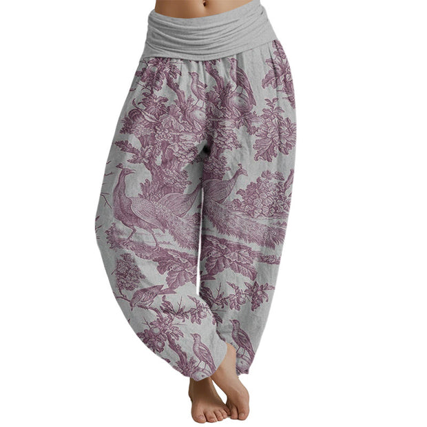 Buddha Stones Birds Trees Branches Pattern Women's Elastic Waist Harem Pants