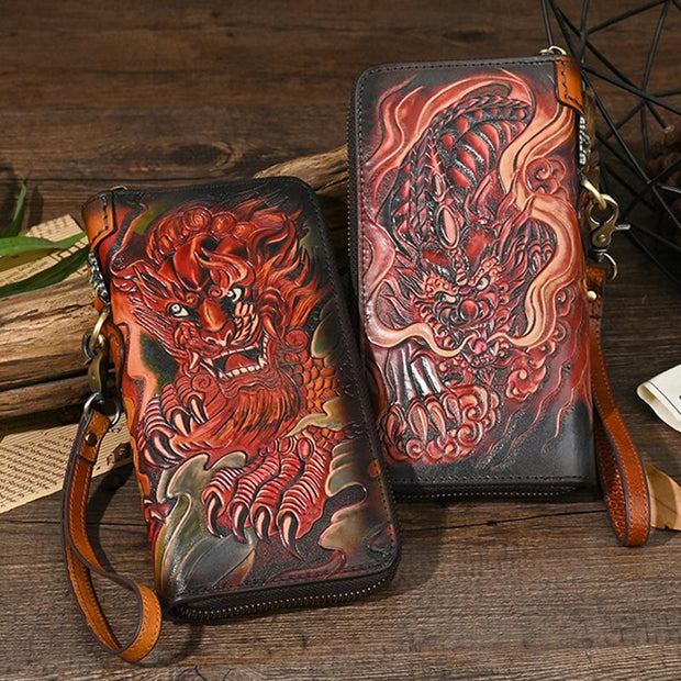 Buddha Stones Mythical Beast Lion Copper Coins Printed Leather Bag Journey Shopping Purse Handbag Wallet&Handbags BS 11