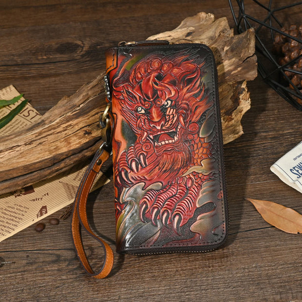 Buddha Stones Mythical Beast Lion Copper Coins Printed Leather Bag Journey Shopping Purse Handbag Wallet&Handbags BS 5