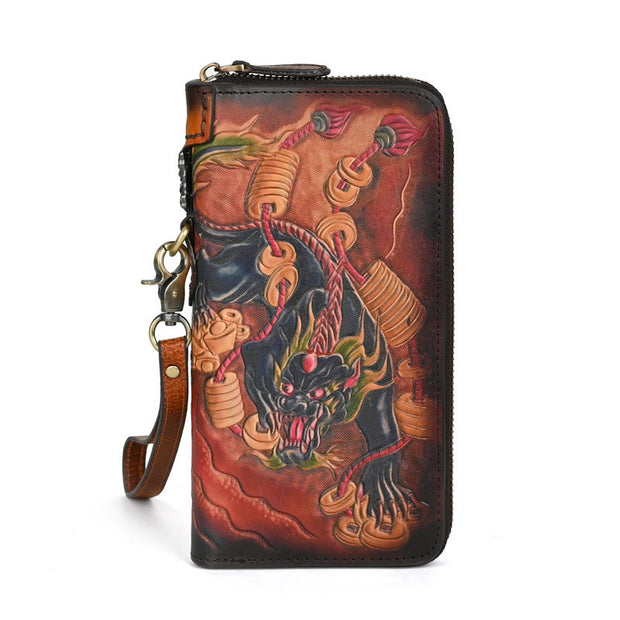 Buddha Stones Mythical Beast Lion Copper Coins Printed Leather Bag Journey Shopping Purse Handbag Wallet&Handbags BS Copper Coin Mythical Beast (19.5*2.5*10cm)