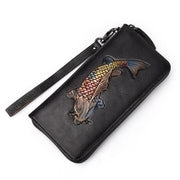 Buddha Stones Koi Fish Printed Leather Bag Journey Shopping Purse Handbag Wallet&Handbags BS Retro Black (19*2.5*9.5cm)