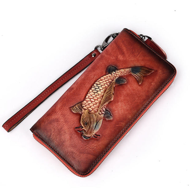 Buddha Stones Koi Fish Printed Leather Bag Journey Shopping Purse Handbag Wallet&Handbags BS Retro Red (19*2.5*9.5cm)