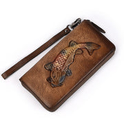 Buddha Stones Koi Fish Printed Leather Bag Journey Shopping Purse Handbag Wallet&Handbags BS Retro Brown (19*2.5*9.5cm)