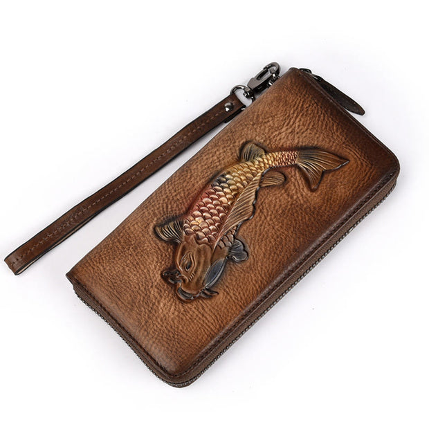 Buddha Stones Koi Fish Printed Leather Bag Journey Shopping Purse Handbag Wallet&Handbags BS Retro Brown (19*2.5*9.5cm)