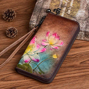 Buddha Stones Retro Lotus Printed Leather Bag Journey Shopping Purse Handbag Wallet&Handbags BS 6