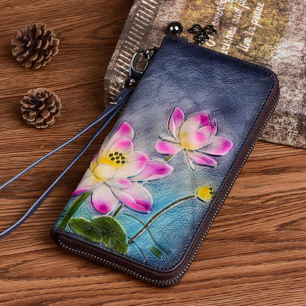 Buddha Stones Retro Lotus Printed Leather Bag Journey Shopping Purse Handbag Wallet&Handbags BS 9