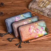 Buddha Stones Retro Lotus Printed Leather Bag Journey Shopping Purse Handbag Wallet&Handbags BS 12