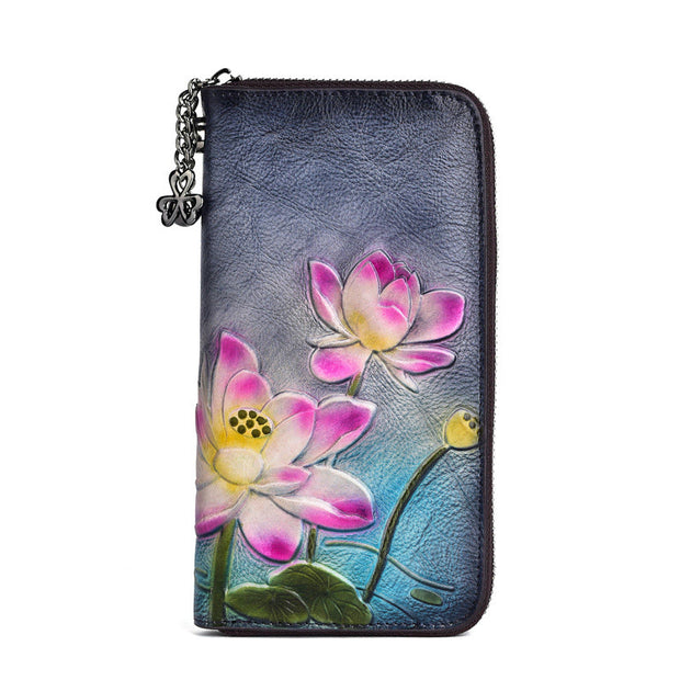 Buddha Stones Retro Lotus Printed Leather Bag Journey Shopping Purse Handbag Wallet&Handbags BS Retro Black (19*2.5*10cm)