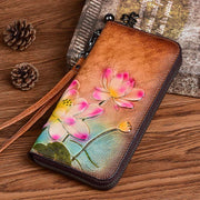 Buddha Stones Retro Lotus Printed Leather Bag Journey Shopping Purse Handbag Wallet&Handbags BS main