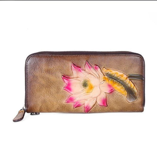 Buddha Stones Retro Lotus Printed Leather Bag Journey Shopping Purse Handbag Wallet&Handbags BS 1