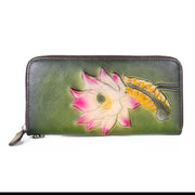 Buddha Stones Retro Lotus Printed Leather Bag Journey Shopping Purse Handbag Wallet&Handbags BS 7