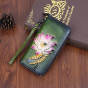 Buddha Stones Retro Lotus Printed Leather Bag Journey Shopping Purse Handbag Wallet&Handbags BS Retro Green (20*2.5*10cm)