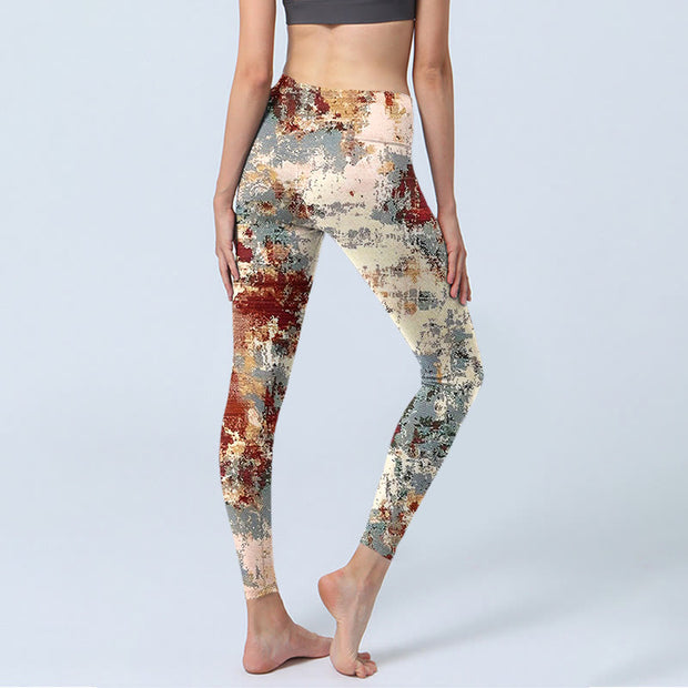 Buddha Stones Beige Red Grey Print Exercise Leggings Women's Yoga Pants Leggings BS 4