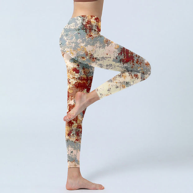 Buddha Stones Beige Red Grey Abstract Design Print Exercise Leggings Women's Yoga Pants