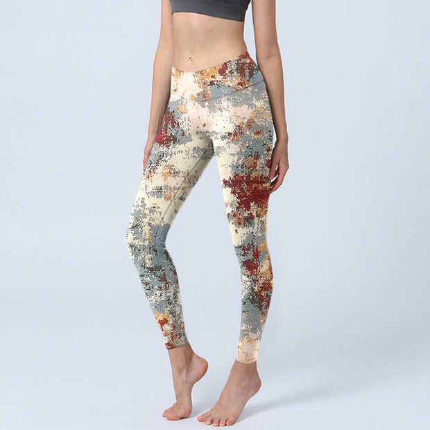 Buddha Stones Beige Red Grey Print Exercise Leggings Women's Yoga Pants