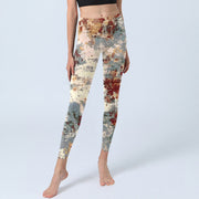 Buddha Stones Beige Red Grey Print Exercise Leggings Women's Yoga Pants Leggings BS 5