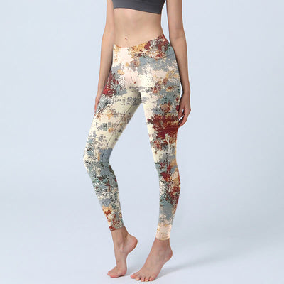 Buddha Stones Beige Red Grey Abstract Design Print Exercise Leggings Women's Yoga Pants