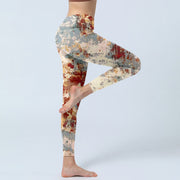 Buddha Stones Beige Red Grey Print Exercise Leggings Women's Yoga Pants Leggings BS 3