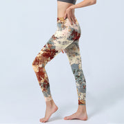 Buddha Stones Beige Red Grey Print Exercise Leggings Women's Yoga Pants Leggings BS 2