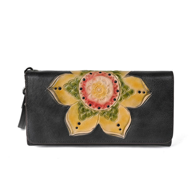 Buddha Stones Retro Flowers Printed Leather Bag Journey Shopping Purse Handbag Wallet&Handbags BS Retro Black (19.5*2.5*10cm)