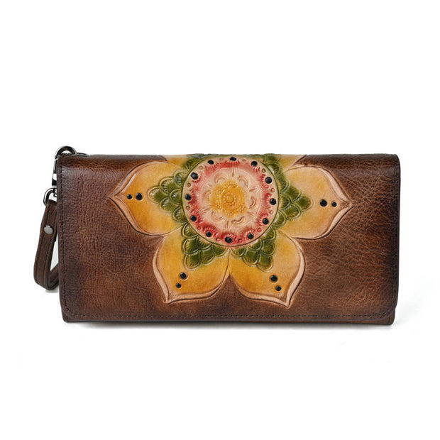 Buddha Stones Retro Flowers Printed Leather Bag Journey Shopping Purse Handbag Wallet&Handbags BS Retro Black Brown (19.5*2.5*10cm)