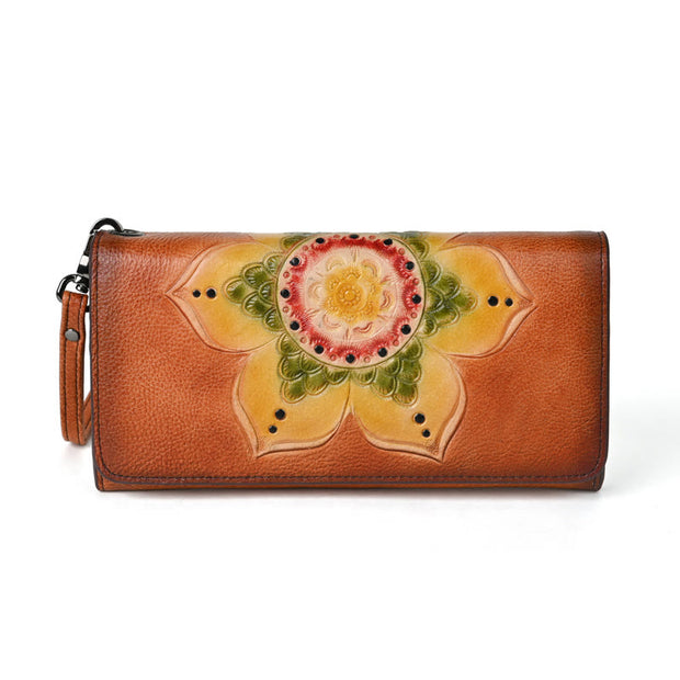 Buddha Stones Retro Flowers Printed Leather Bag Journey Shopping Purse Handbag Wallet&Handbags BS Retro Red Brown (19.5*2.5*10cm)