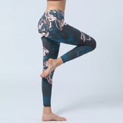 Buddha Stones SteelBlue Silver Flowers Print Exercise Leggings Women's Yoga Pants