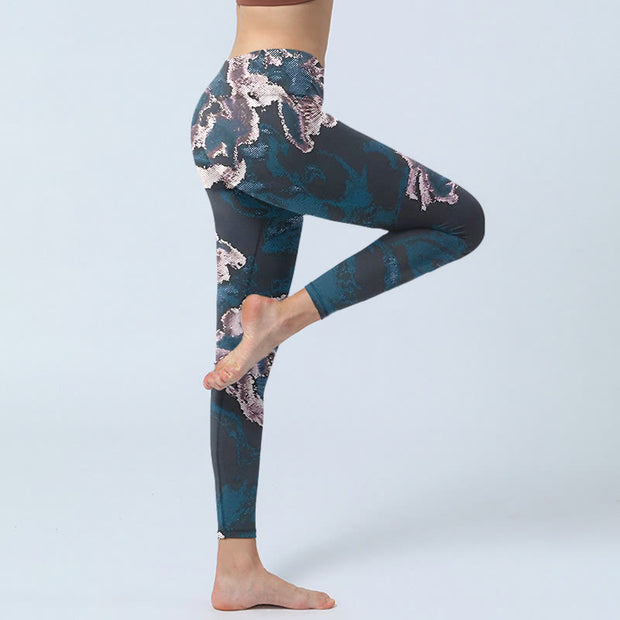 Buddha Stones SteelBlue Silver Flowers Print Exercise Leggings Women's Yoga Pants Leggings BS 3