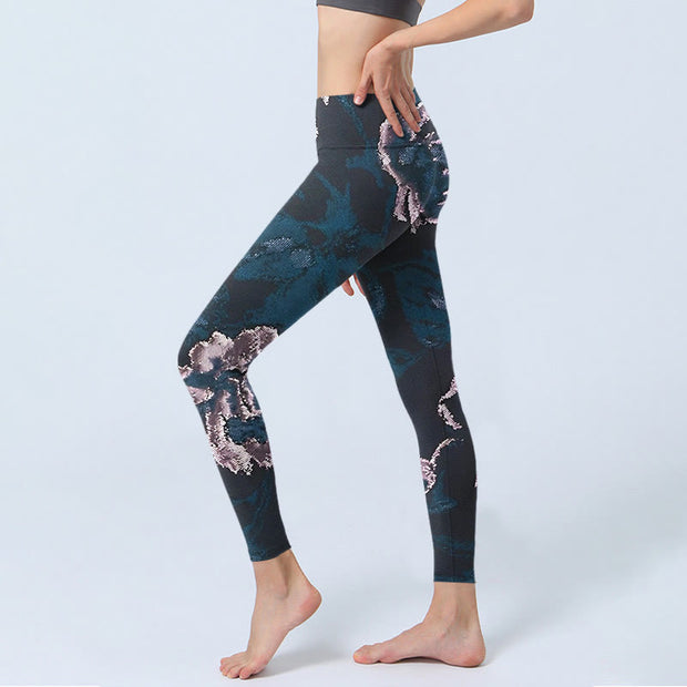 Buddha Stones SteelBlue Silver Flowers Print Exercise Leggings Women's Yoga Pants - image 3