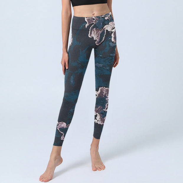 Buddha Stones SteelBlue Silver Flowers Print Exercise Leggings Women's Yoga Pants Leggings BS 5