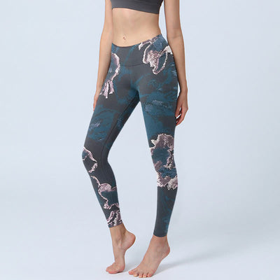 Buddha Stones SteelBlue Silver Flowers Print Exercise Leggings Women's Yoga Pants - SteelBlue - US18，UK/AU22，EU50 (4XL) - image 1