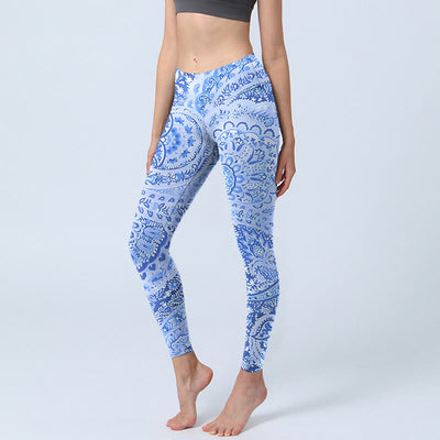 Buddha Stones Persian Style RoyalBlue White Flowers Pattern Print Exercise Leggings Women's Yoga Pants - RoyalBlue - US18，UK/AU22，EU50 (4XL) - image 1