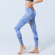 Buddha Stones Persian Style RoyalBlue White Flowers Pattern Print Exercise Leggings Women's Yoga Pants - image 3