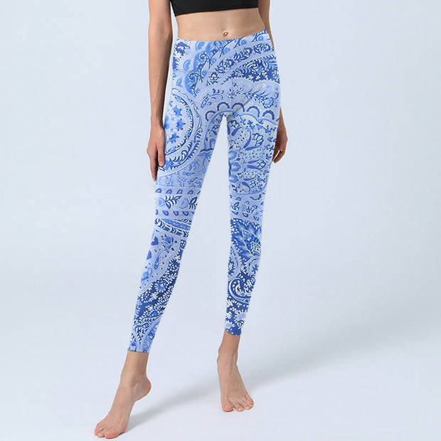 Buddha Stones Persian Style RoyalBlue White Flowers Pattern Print Exercise Leggings Women's Yoga Pants Leggings BS 5