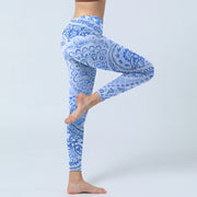 Buddha Stones Persian Style RoyalBlue White Flowers Pattern Print Exercise Leggings Women's Yoga Pants