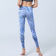 Buddha Stones Persian Style RoyalBlue White Flowers Pattern Print Exercise Leggings Women's Yoga Pants Leggings BS 6