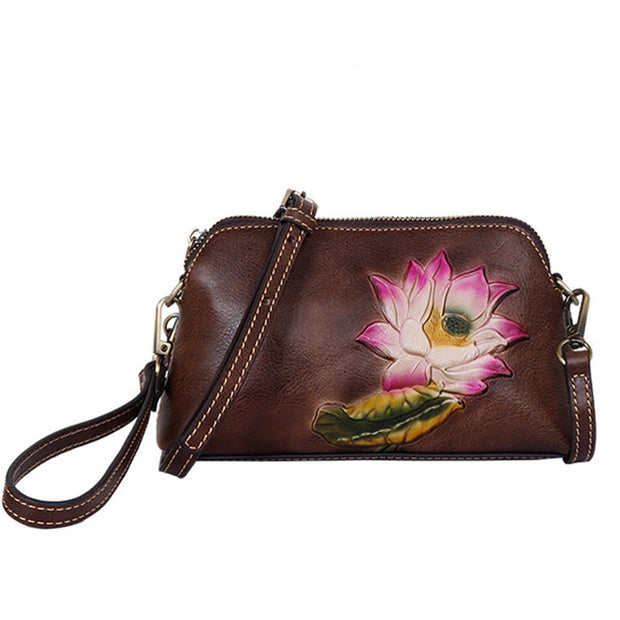 Buddha Stones Retro Flowers Printed Leather Bag Journey Shopping Purse Handbag Shoulder Bag Crossbody Bag Crossbody Bag&Shoulder Bag BS Retro Black Brown (21*5.5*12cm)