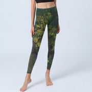 Buddha Stones ForestGreen Leaves Black Lines Print Exercise Leggings Women's Yoga Pants