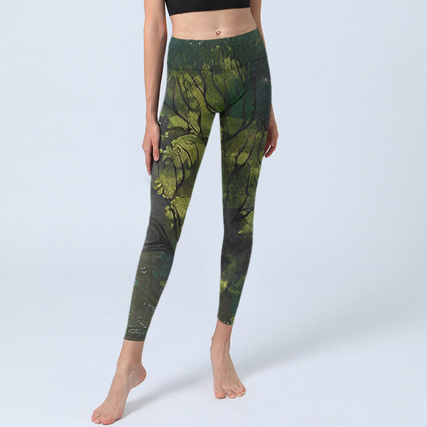 Buddha Stones ForestGreen Leaves Black Lines Print Exercise Leggings Women's Yoga Pants Leggings BS 5