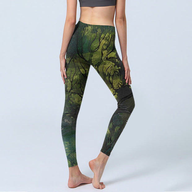 Buddha Stones ForestGreen Leaves Black Lines Print Exercise Leggings Women's Yoga Pants Leggings BS 4