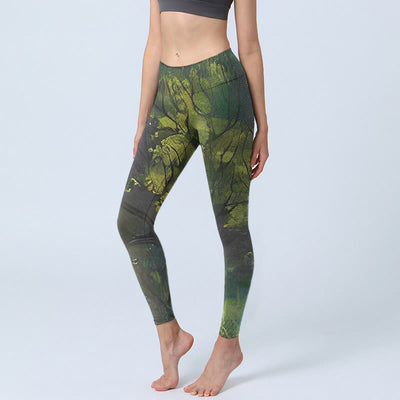 Buddha Stones ForestGreen Leaves Black Lines Print Exercise Leggings Women's Yoga Pants - ForestGreen - US18，UK/AU22，EU50 (4XL) - image 1