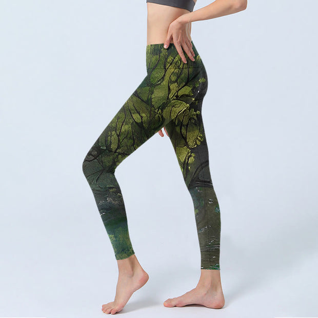 Buddha Stones ForestGreen Leaves Black Lines Print Exercise Leggings Women's Yoga Pants - image 3