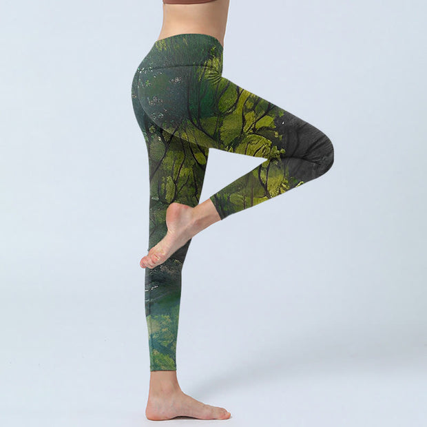 Buddha Stones ForestGreen Leaves Black Lines Print Exercise Leggings Women's Yoga Pants Leggings BS 3