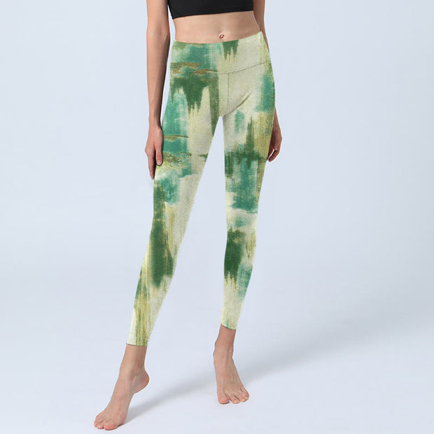 Buddha Stones Beige Green Tie Dye Print Exercise Leggings Women's Yoga Pants - image 6