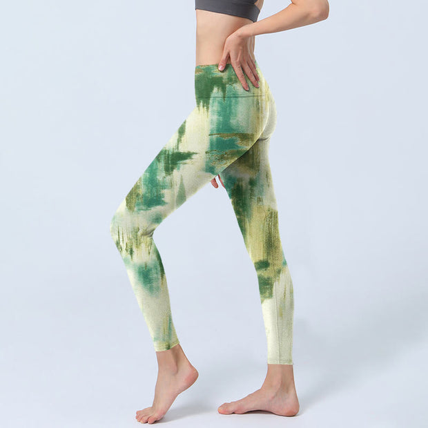 Buddha Stones Beige Green Tie Dye Print Exercise Leggings Women's Yoga Pants - image 3