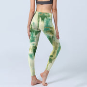 Buddha Stones Beige Green Tie Dye Print Exercise Leggings Women's Yoga Pants Leggings BS 4